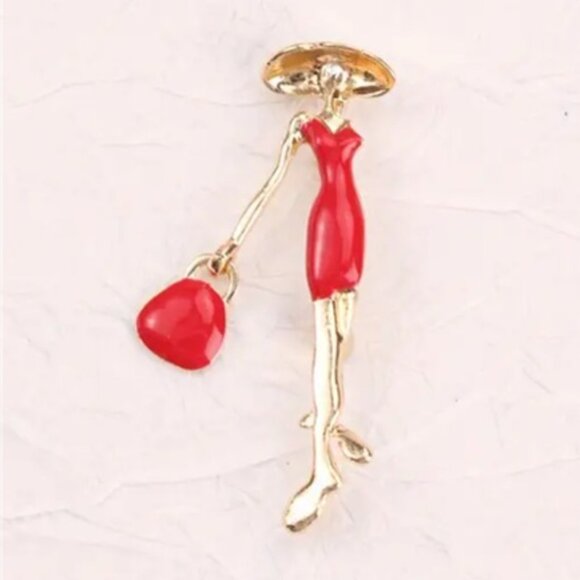 Fun Lady in Red & Synthetic Pearl Brooch - Picture 2 of 3